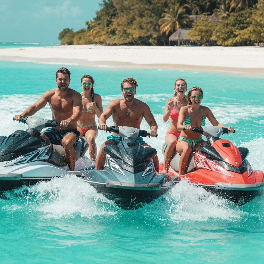 Group of friends on jet skis near a tropical shoreline