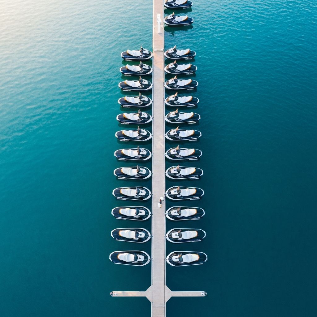 Fleet of jet skis lined up at the marina dock